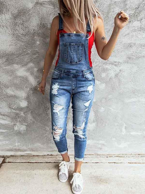 Stunncal Ripped Stretch Denim Jumpsuit