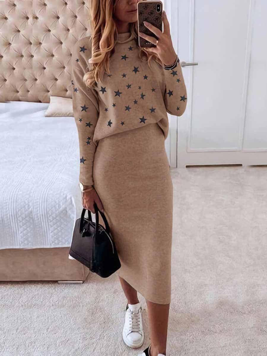 Stunncal Star Print Knit Skirt Sets