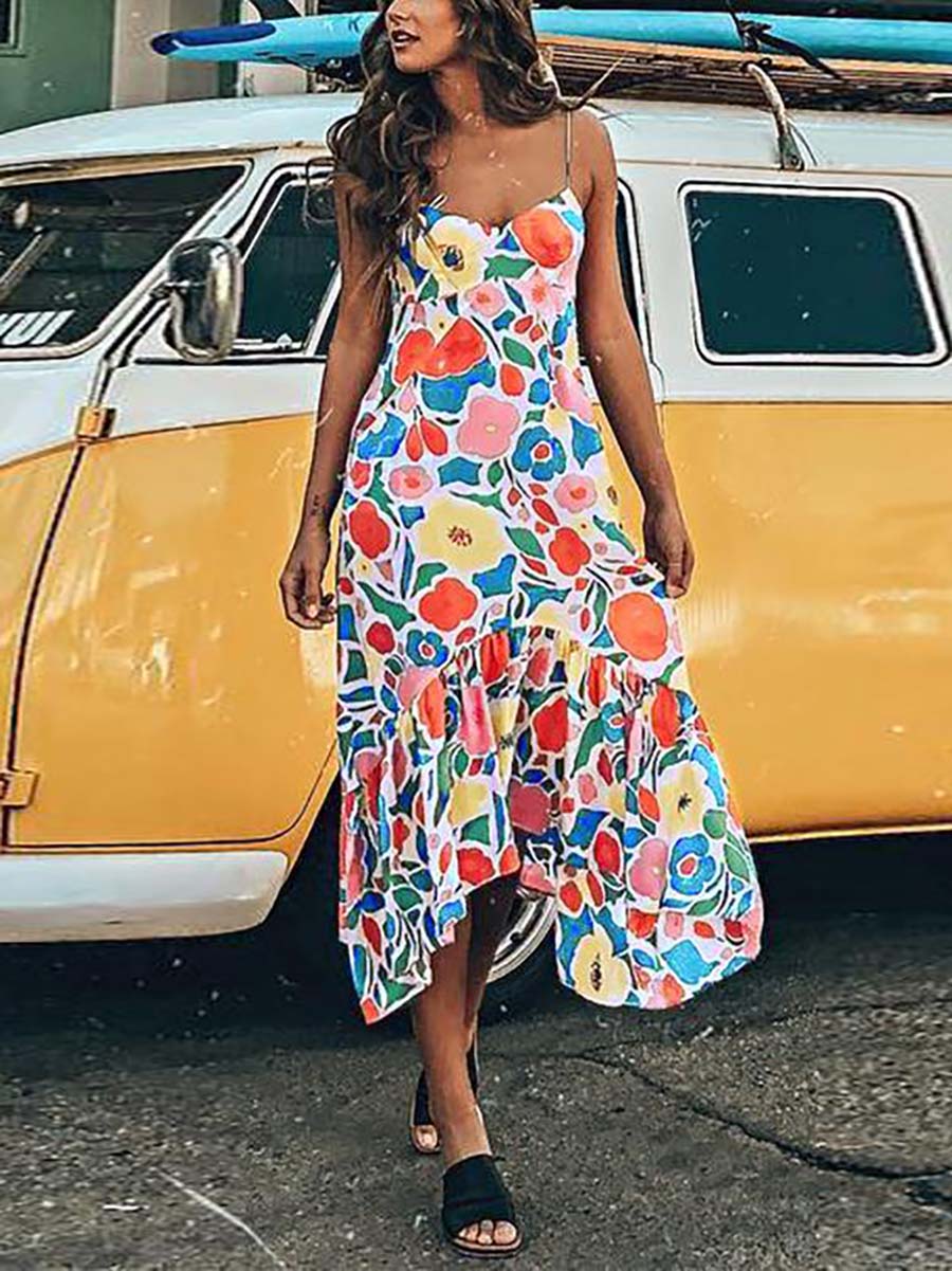 Stunncal Floral Printed Summer Backless Mid Calf Dress With Pocket