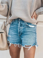 Stunncal Frayed Raw Hem Ripped Denim Shorts