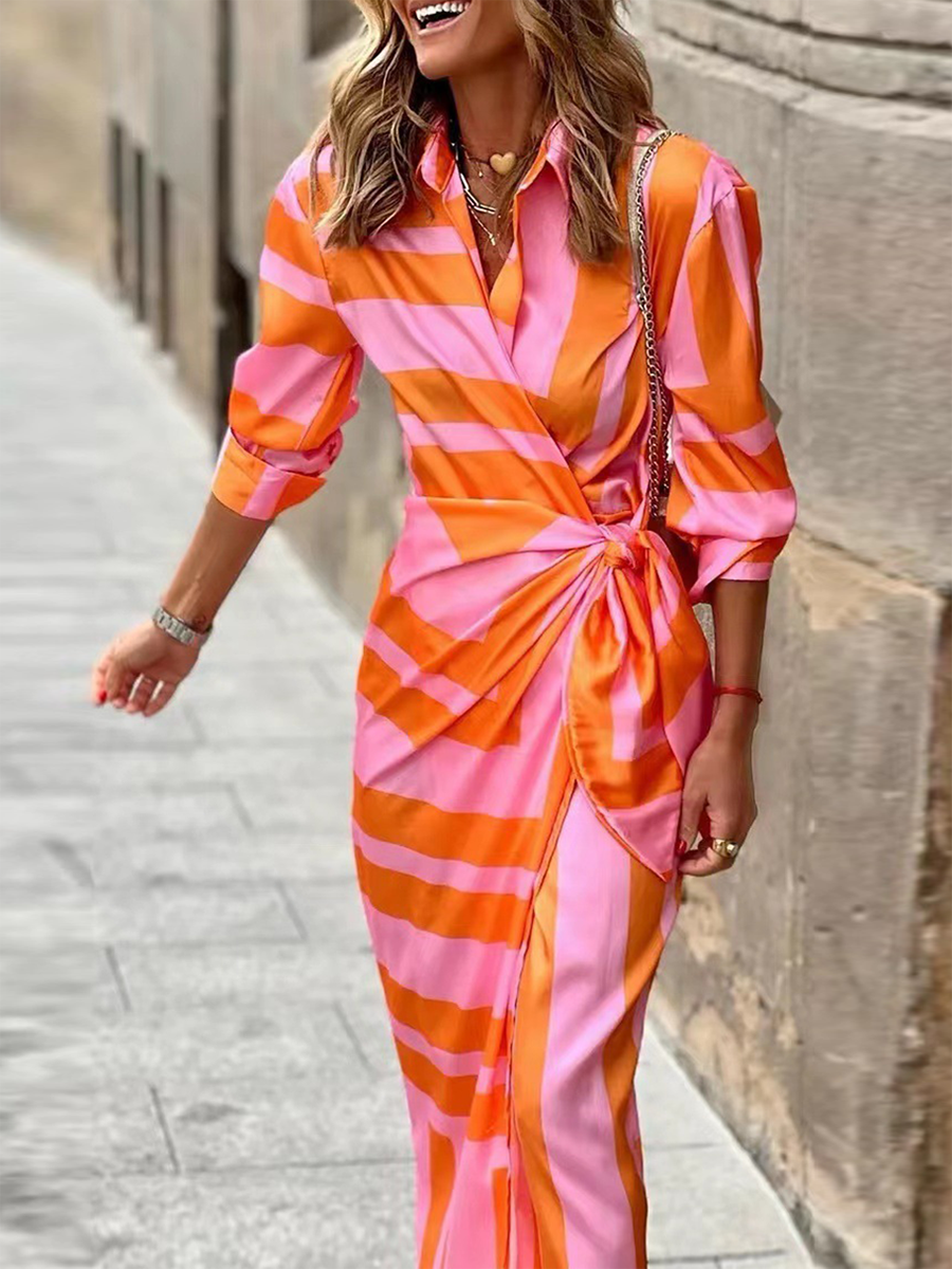 Stunncal Fashion Print Split Joint Turndown Collar Shirt Dress Dresses(3 colors)