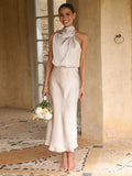 Stunncal Sleeveless Hanging Neck Solid Color Satin Dress(6 Colors)