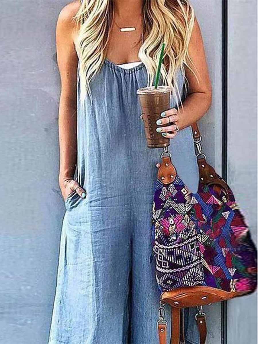 Stunncal Sleeveless V-neck Wide Leg Denim Jumpsuit