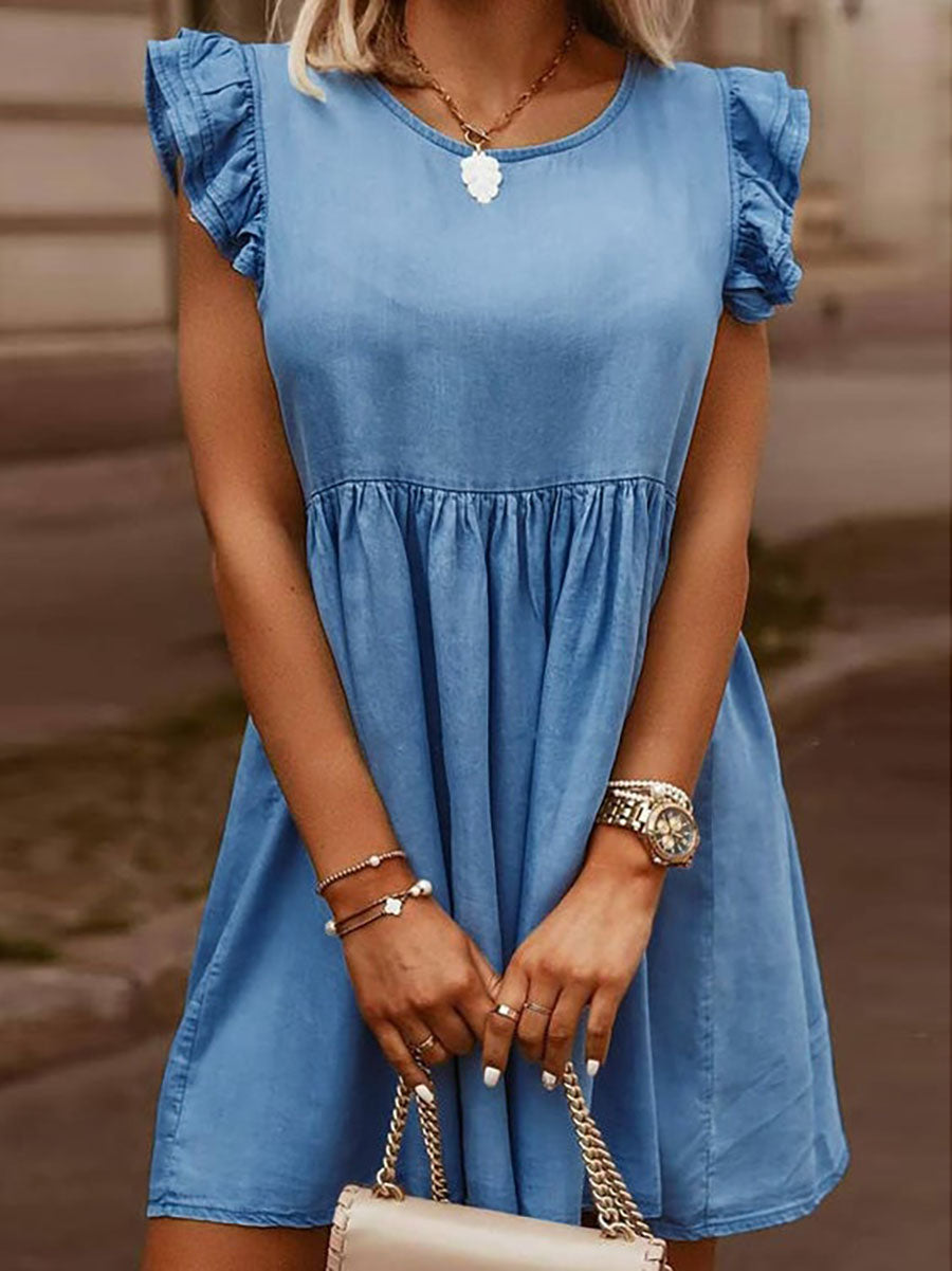Stunncal Casual Denim Ruffle O Neck Dress