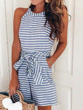 Stunncal Crewneck Sleeveless Bow-knot Striped Romper