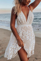 Stunncal V-Neck Lace Embroidered White Dress