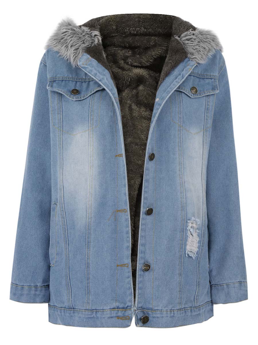 Stunncal Padded Warm Hole Large Fur Collar Denim Jacket(4 colors)