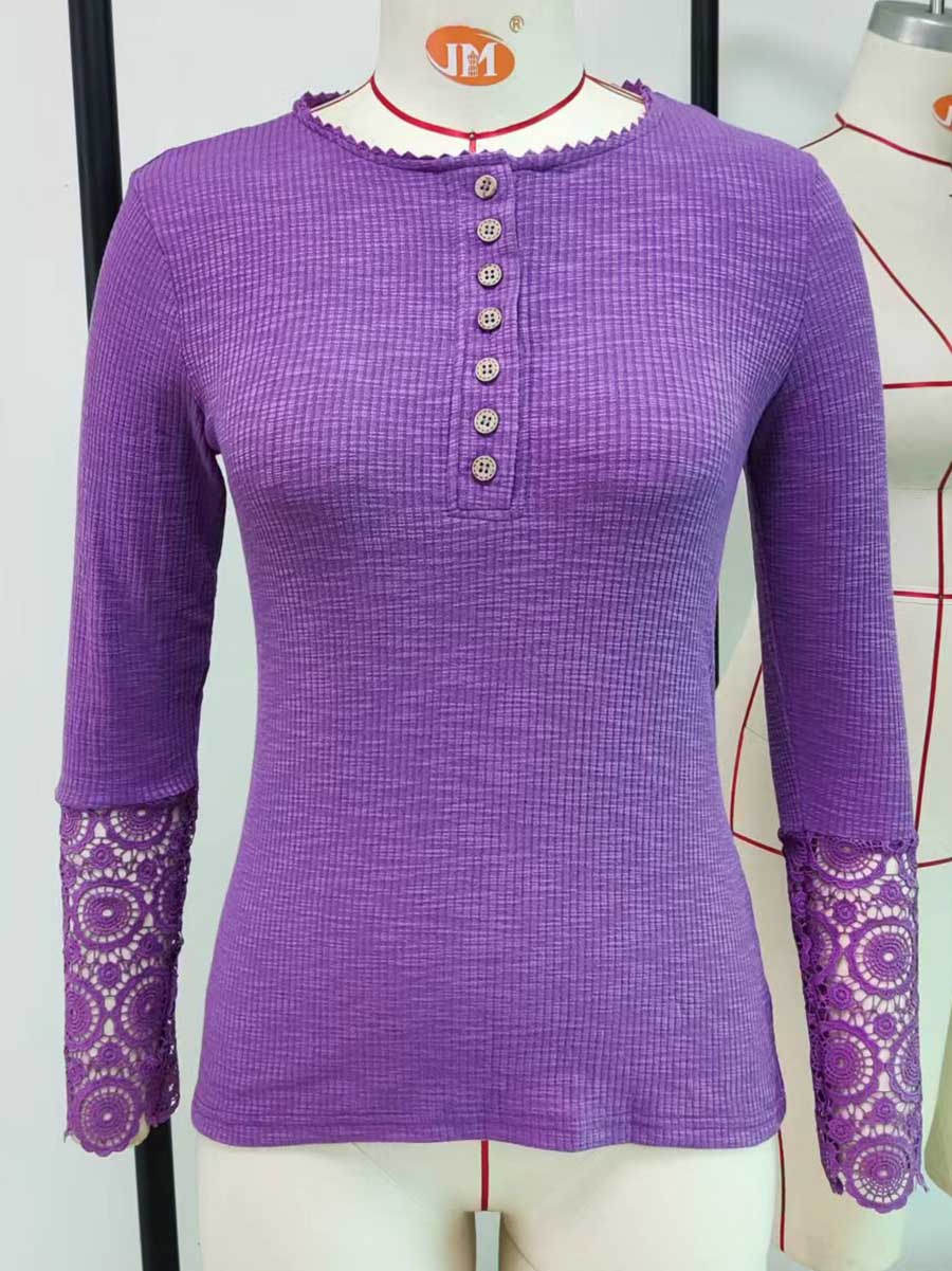 Stunncal Round Neck Stitching Lace Long Sleeve T-Shirt(14 colors)