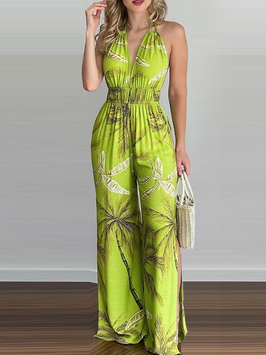 Stunncal Printed Hanging Neck Sexy Backless Split Jumpsuit