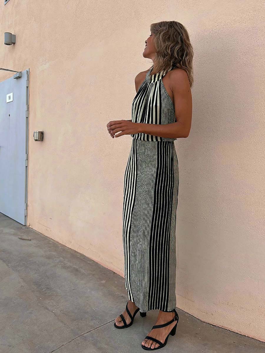 Stunncal Sleeveless Round Neck Striped Dress