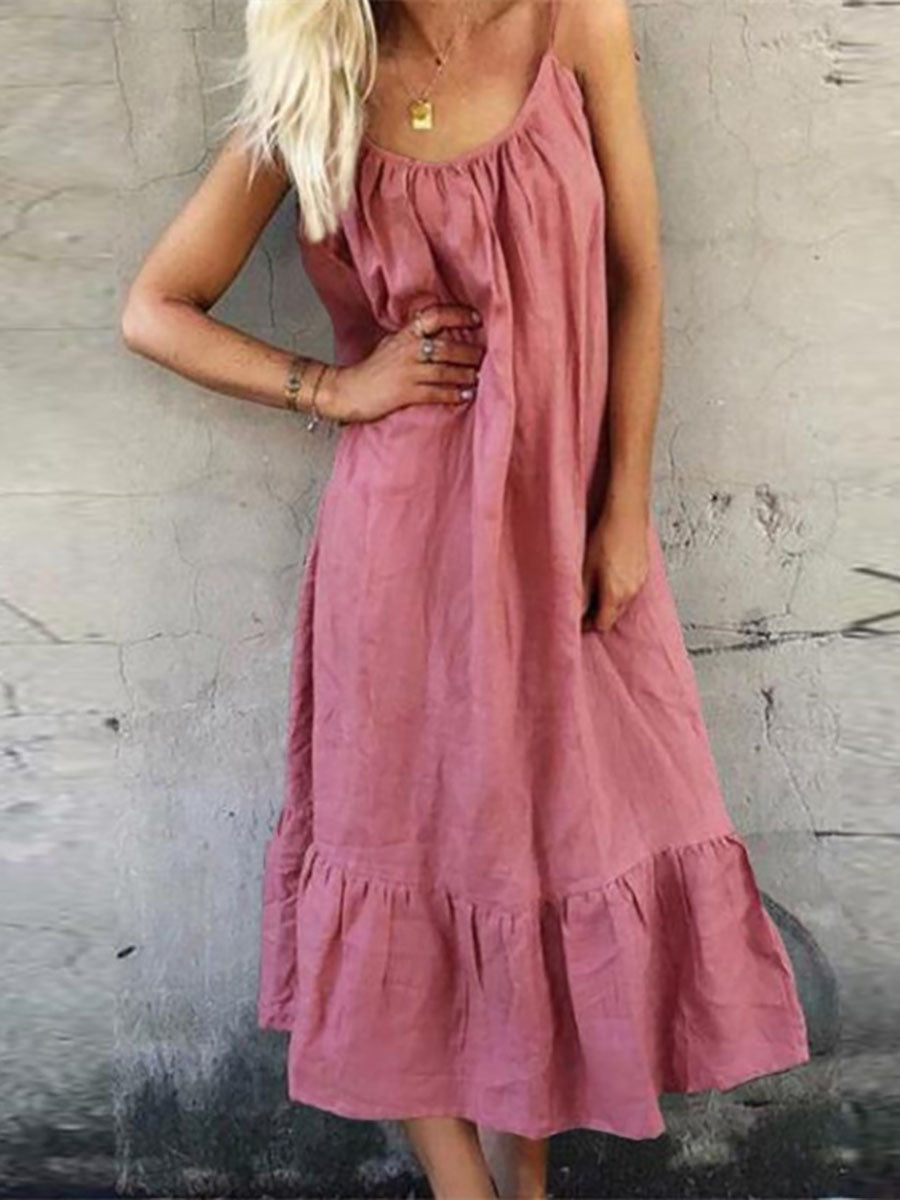 Stunncal Cotton Linen Halter Solid Color Ruffle Dress