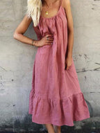 Stunncal Cotton Linen Halter Solid Color Ruffle Dress
