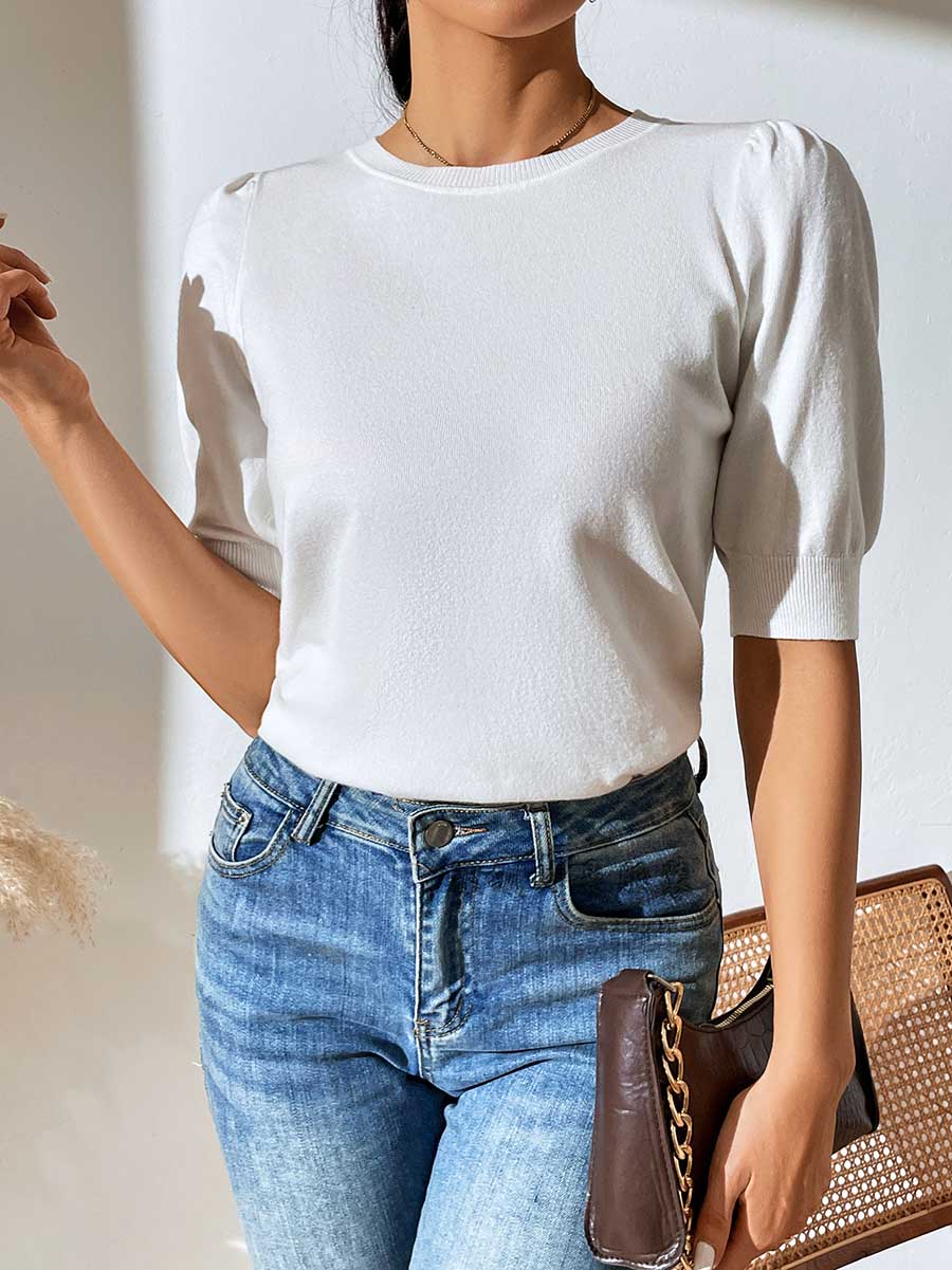 Stunncal Round Neck Pleated Short Sleeve Solid Color Knit (5 colors)