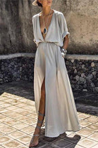 Stunncal Deep V-neck Solid Color Mid-sleeve Large Swing Skirt Split Long Dress