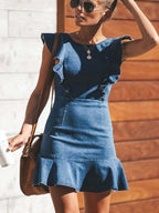Stunncal O Neck Flouncing Denim Dress