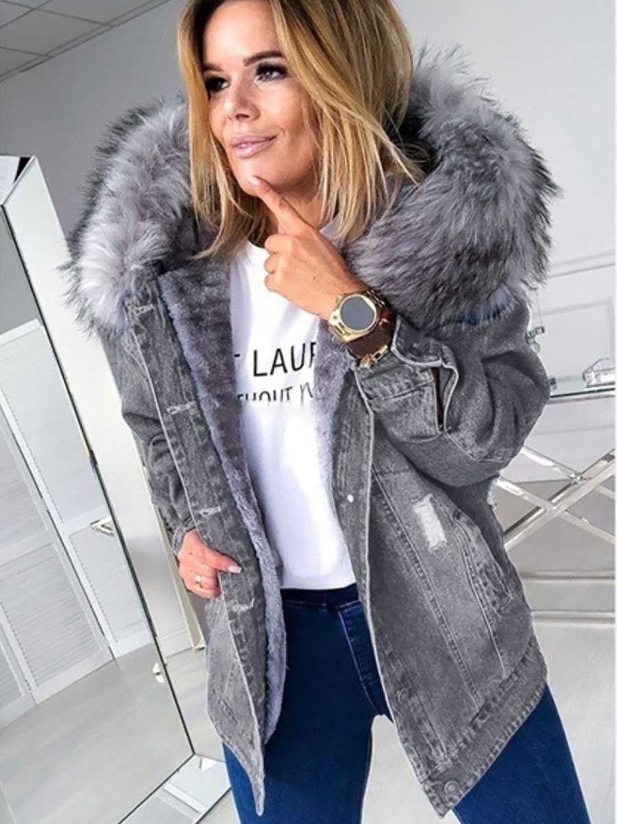 Stunncal Padded Warm Hole Large Fur Collar Denim Jacket(4 colors)