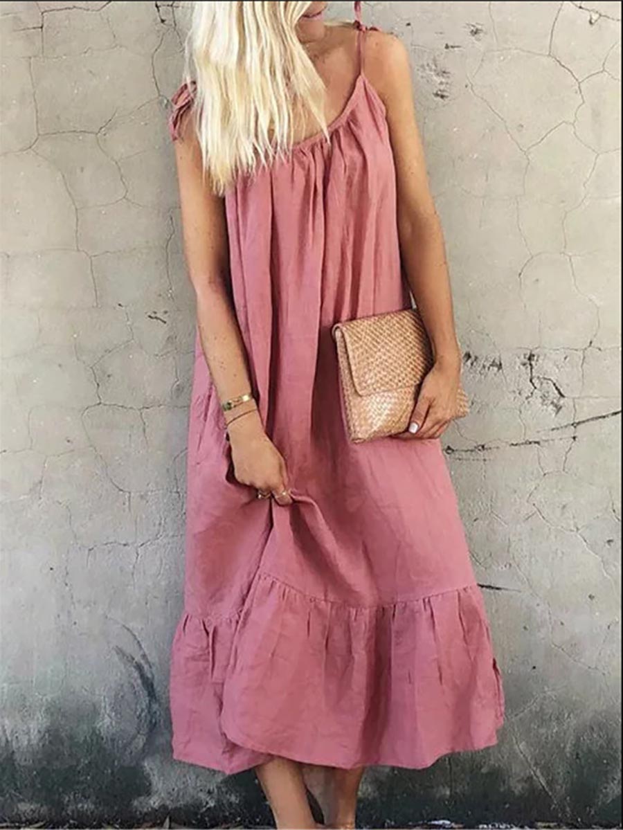 Stunncal Cotton Linen Halter Solid Color Ruffle Dress