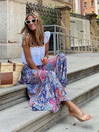 Audrina Bohemian Print Elastic Waist Tassel Maxi Skirt