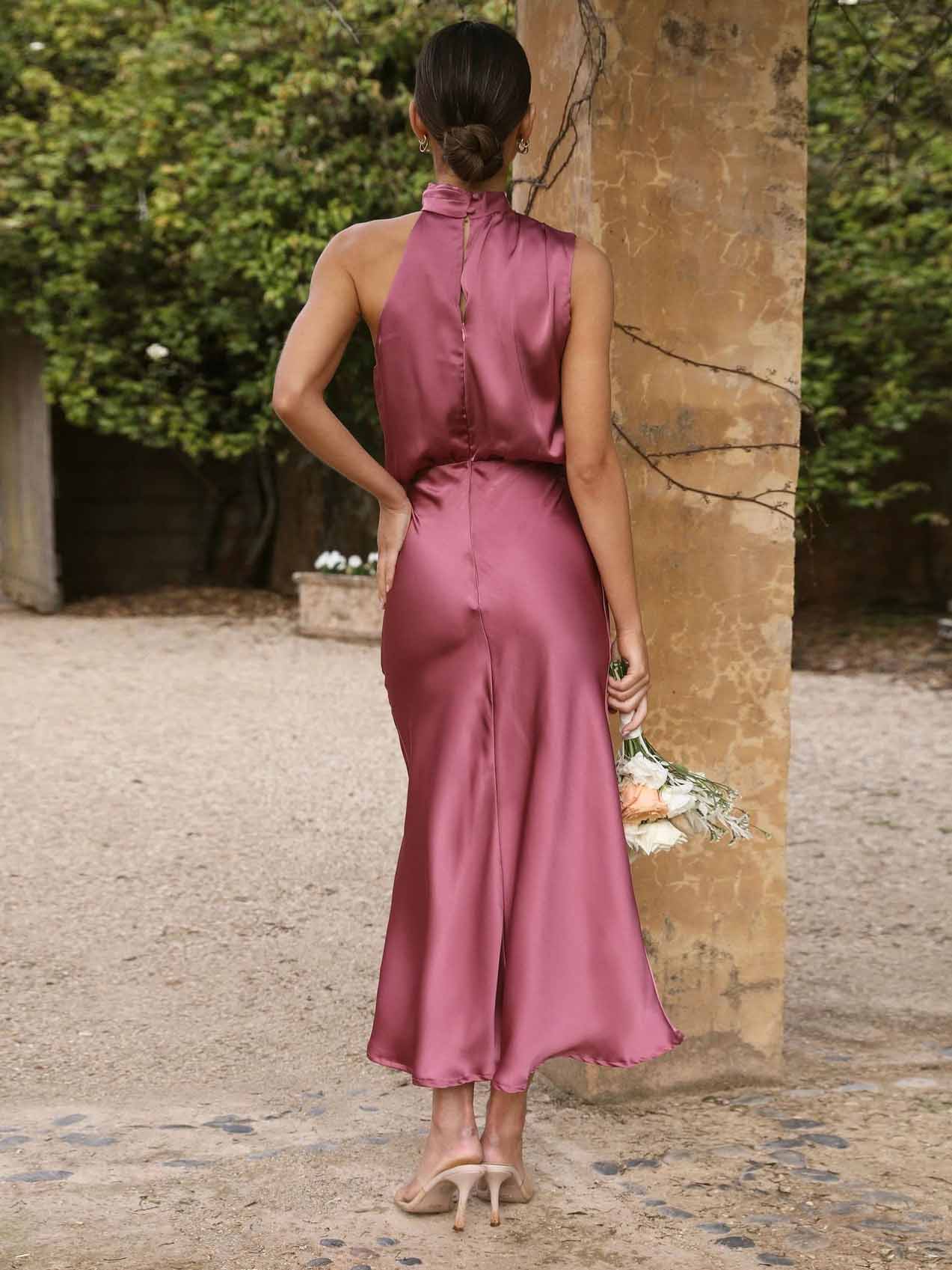 Stunncal Sleeveless Hanging Neck Solid Color Satin Dress(6 Colors)