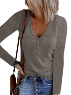 Stunncal Solid Color V-Neck Long-Sleeved T-Shirt