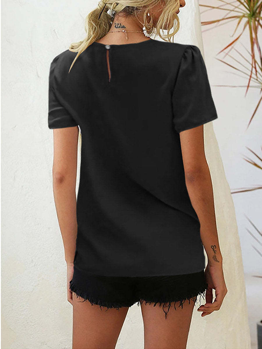 Stunncal Solid Color Pleated Round Neck T-Shirt(9 Colors)