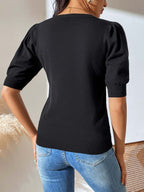 Stunncal Round Neck Pleated Short Sleeve Solid Color Knit (5 colors)