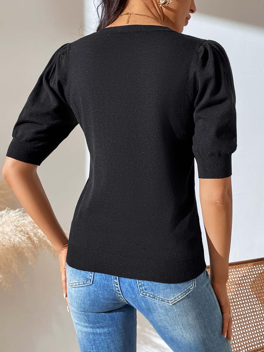 Stunncal Round Neck Pleated Short Sleeve Solid Color Knit (5 colors)