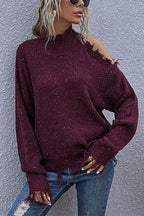 Stunncal Loose Off-shoulder Ripped Long-sleeved High-neck Knitted Sweater