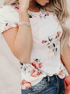 Stunncal Short Sleeve Flower Print Round Neck Casual Wear T-Shirt
