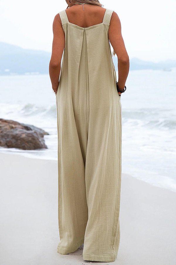 Stunncal Ethnic Button Suspender Wide Leg Line Jumpsuit
