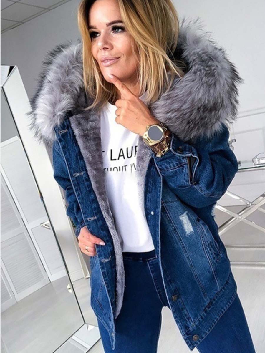 Stunncal Padded Warm Hole Large Fur Collar Denim Jacket(4 colors)