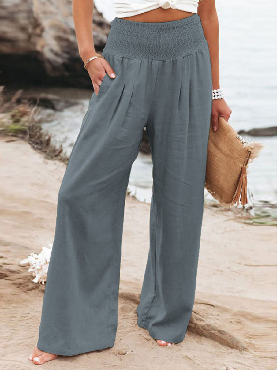 Stunncal Fresh Air Linen Blend Pocketed Smocked Pants(10 Colors)