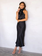 Stunncal Sleeveless Hanging Neck Solid Color Satin Dress(6 Colors)