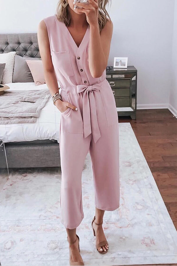 Stunncal Buttoned Sleeveless Cropped Jumpsuit With Sash