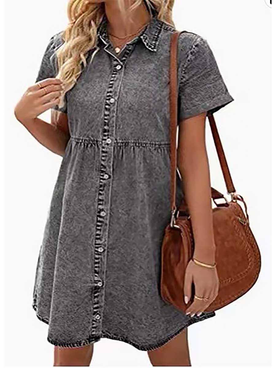 Stunncal Washed Denim Lapel Loose Sweetheart Ruffle Dress