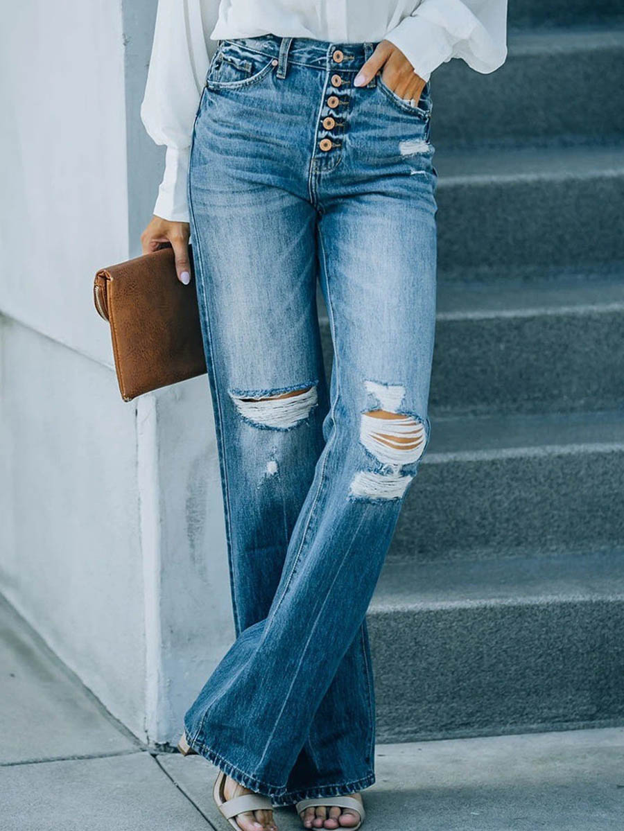 Stunncal Casual Street Solid Ripped Buckle High Waist Straight Denim Jeans