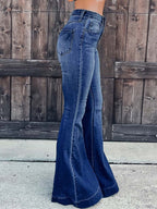 Stunncal Street Solid Patchwork High Waist Boot Cut Denim Jeans