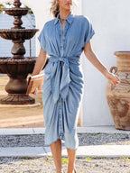 Stunncal Shirt Collar Open Pleated Slim Washed Denim Dress