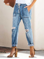 Stunncal Drawstring elastic waist ripped denim pants casual pants