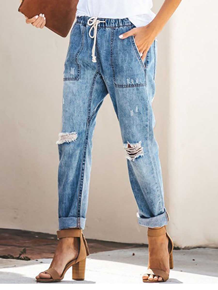 Stunncal Drawstring elastic waist ripped denim pants casual pants