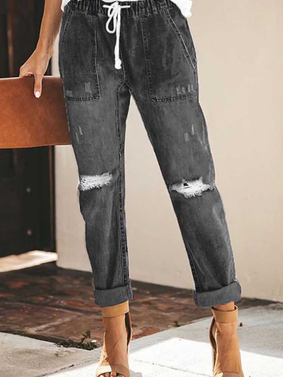 Stunncal Drawstring elastic waist ripped denim pants casual pants