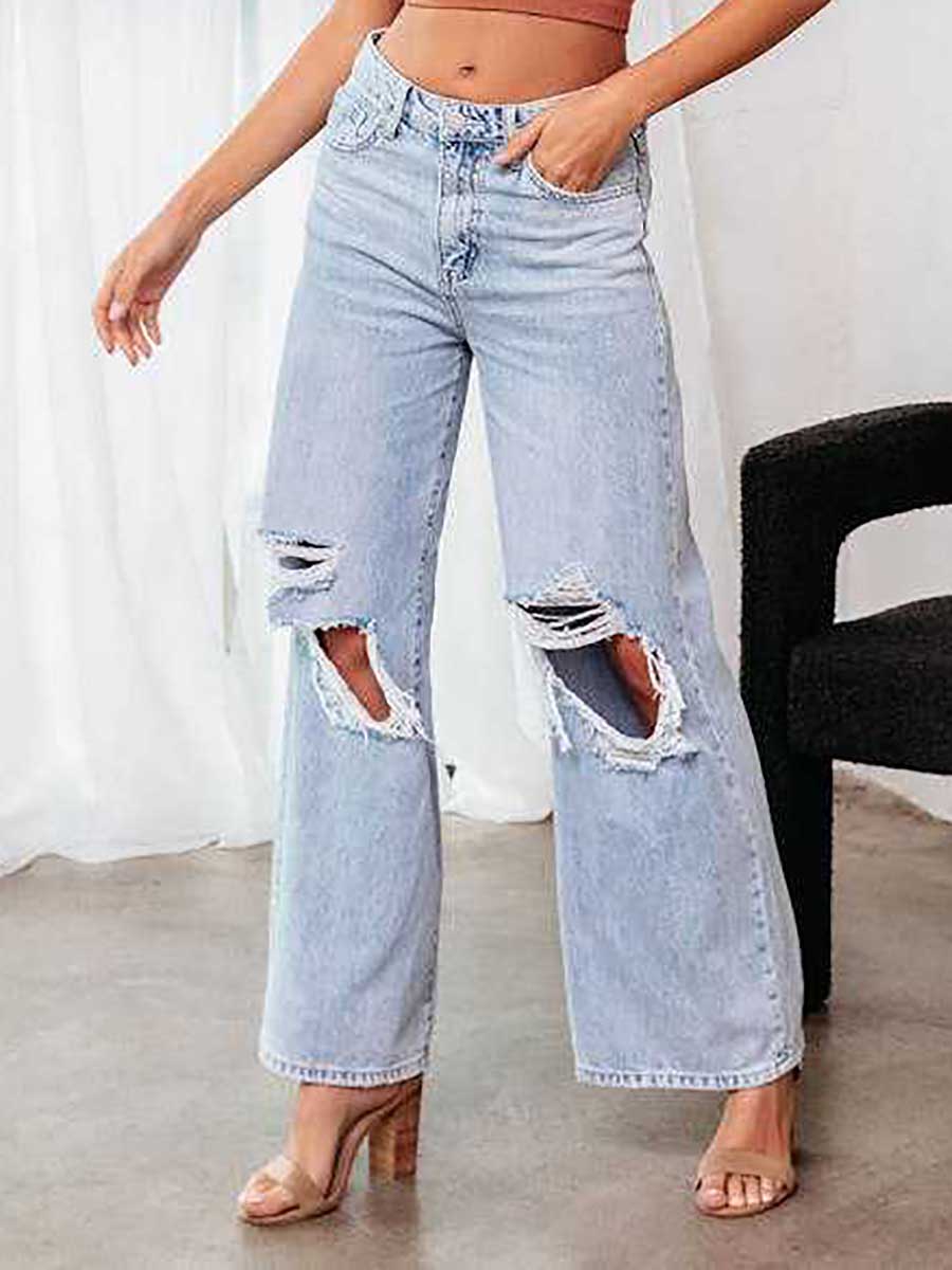 Stunncal Stylish ripped mid-waist wide-leg denim pants