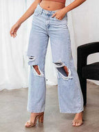 Stunncal Stylish ripped mid-waist wide-leg denim pants