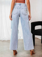 Stunncal Stylish ripped mid-waist wide-leg denim pants