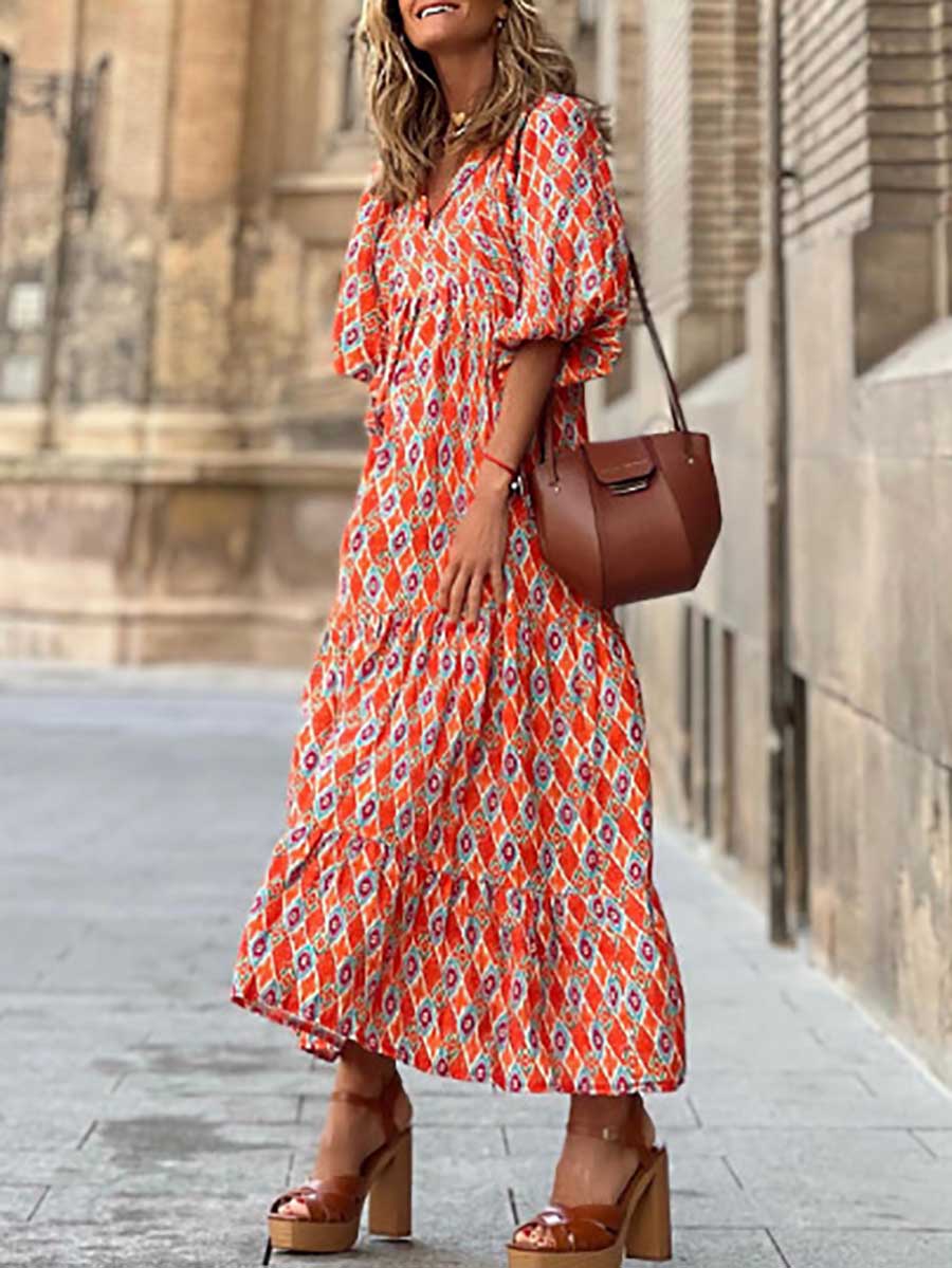 Stunncal Printed Bubble Sleeve Dress