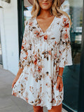 Stunncal  V Neck Bell Sleeves Printed Swing Dresses