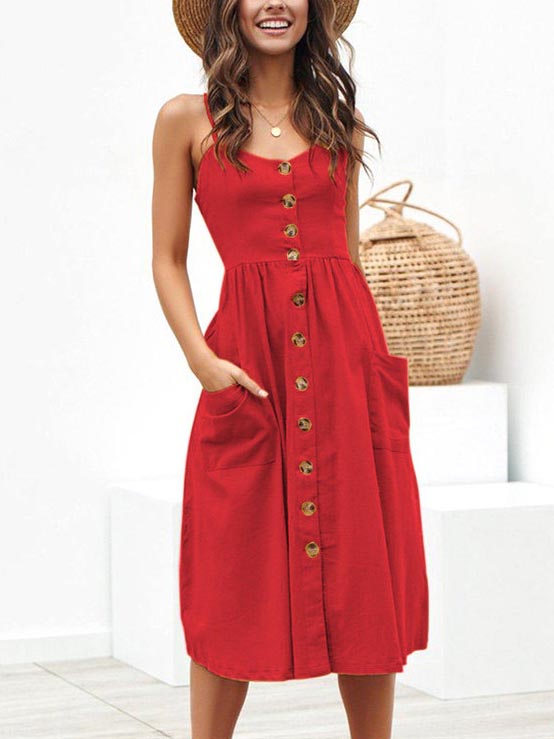 Stunncal Sleeveless Button Down A-line Midi Dress