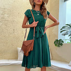Stunncal Solid Color Lace-Up Pleated Dress