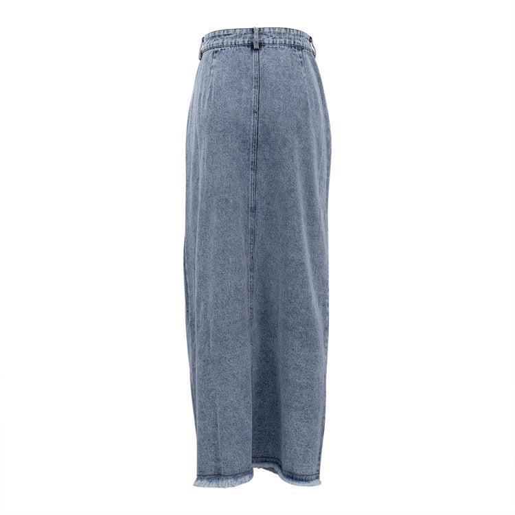 Stunncal Raw Hem High Slit Maxi Denim Skirt