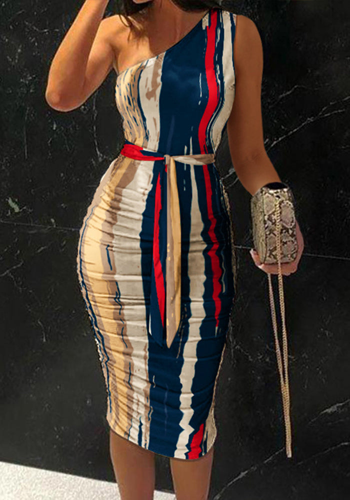 Stunncal Abstract Print One Shoulder Ruched Bodycon Dress